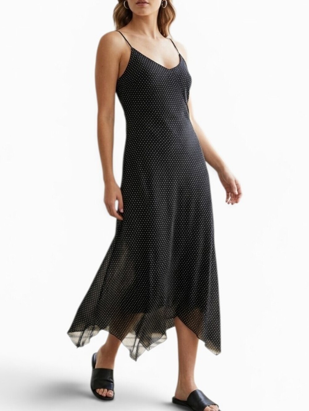 VTG 90s Positive Attitude Polka Dot Maxi Dress L XL Chiffon Asymmetrical